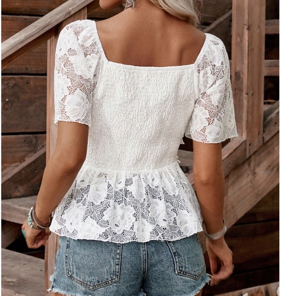 Boho White Floral Print Lace Ruffle Detail Blouse - Picture 2 of 5